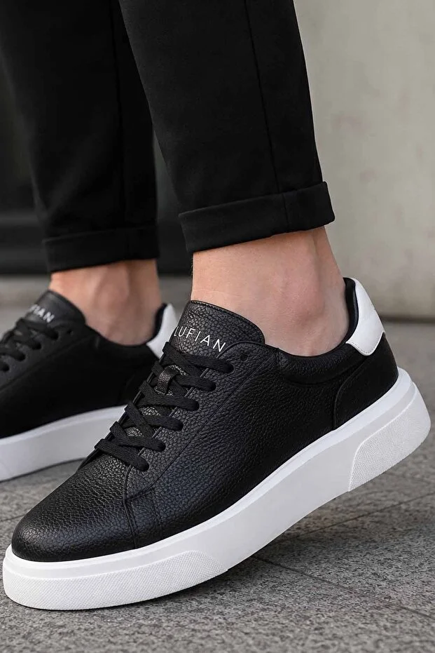 Tommy Erkek Günlük Sneaker Hakiki Deri Siyah Spor Ayakkabı Konforlu Kalın Taban